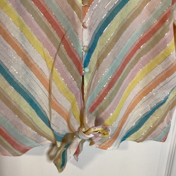 Q & A Women's Cropped Top Blouse Size L Button Down Tie Front Short Sleeve - Picture 4 of 7